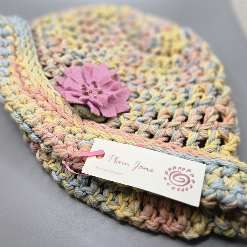 Plain Jane Multicolor Hat Hand Crafted with Sweet Flower Adult Size NWT ❄️